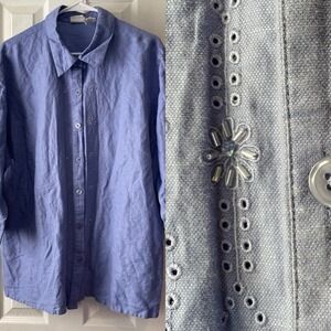 Covington Womens 20W‎ Shirt Linen Blend Embroidered 3/4 Sleeve Beaded Light Blue